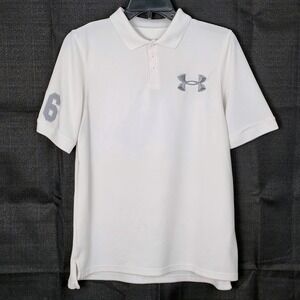 Under Armour HeatGear Kids White Short‎ Sleeve Polo Shirt Grey 96 Patch YXL